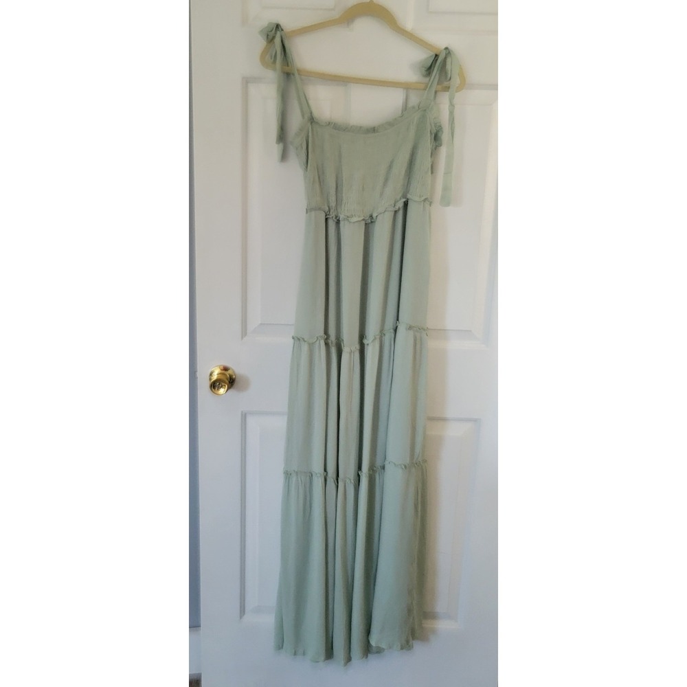 Miss Sparkling Maxi Dress Smocked Tiered Sage Boho Cottagecore Tie Strap Size XL